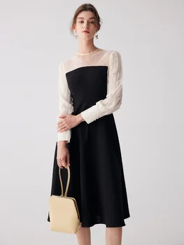 Prantsuse stiilis täis ja paigatud silma mull varrukaga, kanna-line kleit kevadel uus must kleit